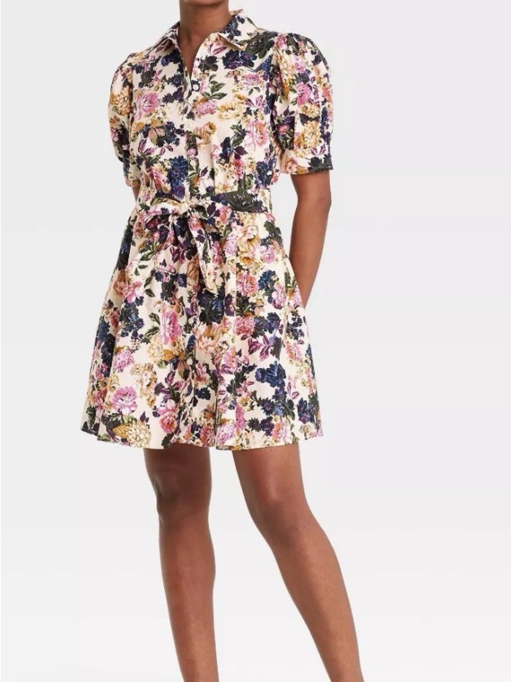 Who What Wear Pink Multi Floral Tie-Waist Shirt Dress